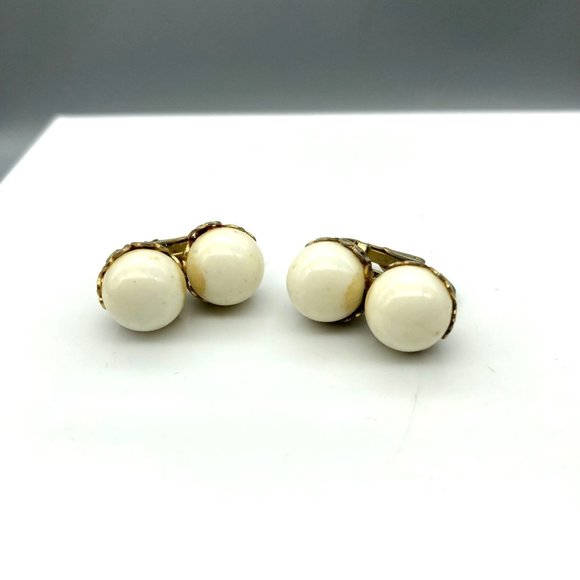 Minimalist Vintage Double Drop Earrings, Basic White Plastic Beads in Gold Tone - Picture 2 of 5